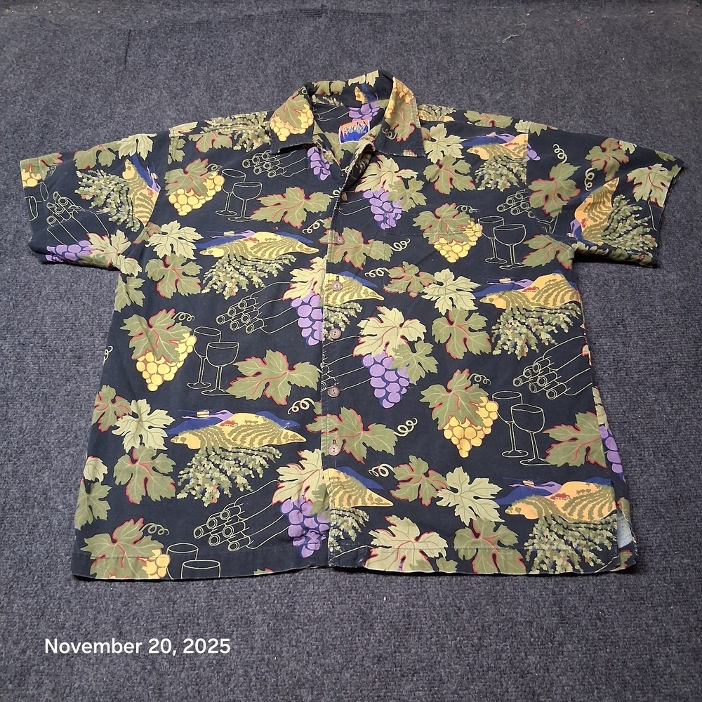Vintage Demcrazy Hawaiian Button Down Shirt Size XL Italian Grapes Cooking